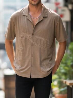 Rustic Souls Men's Short-Sleeve Button Down Tan Champagne Bottle Embroidery Lrg